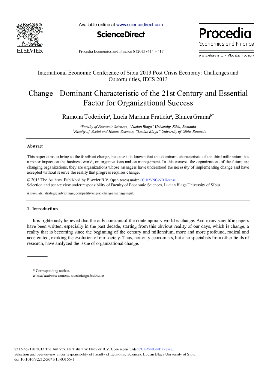 Change-Dominant Characteristic of the 21st Century and Essential Factor for Organizational Success 