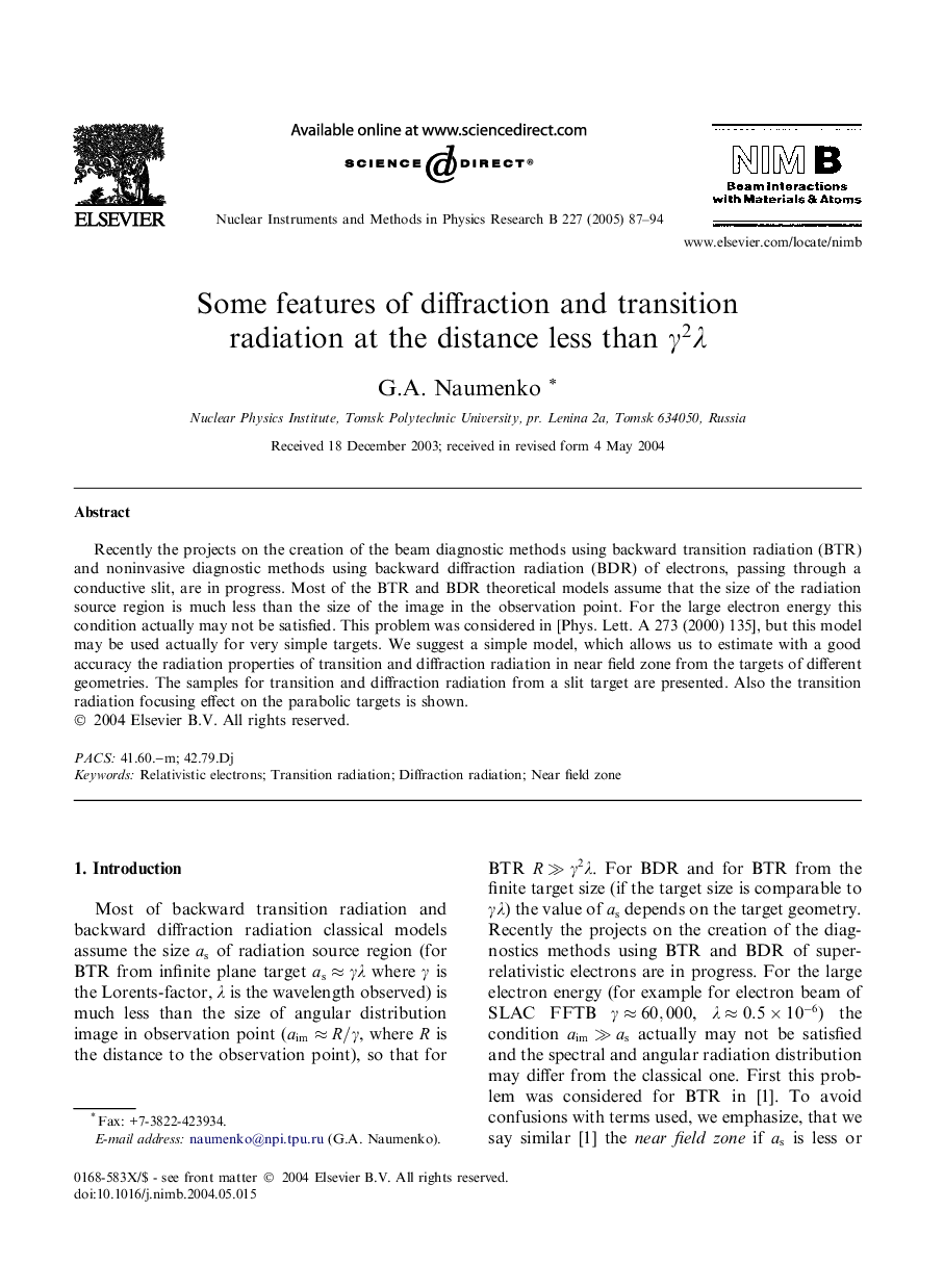 Some features of diffraction and transition radiation at the distance less than Î³2Î»