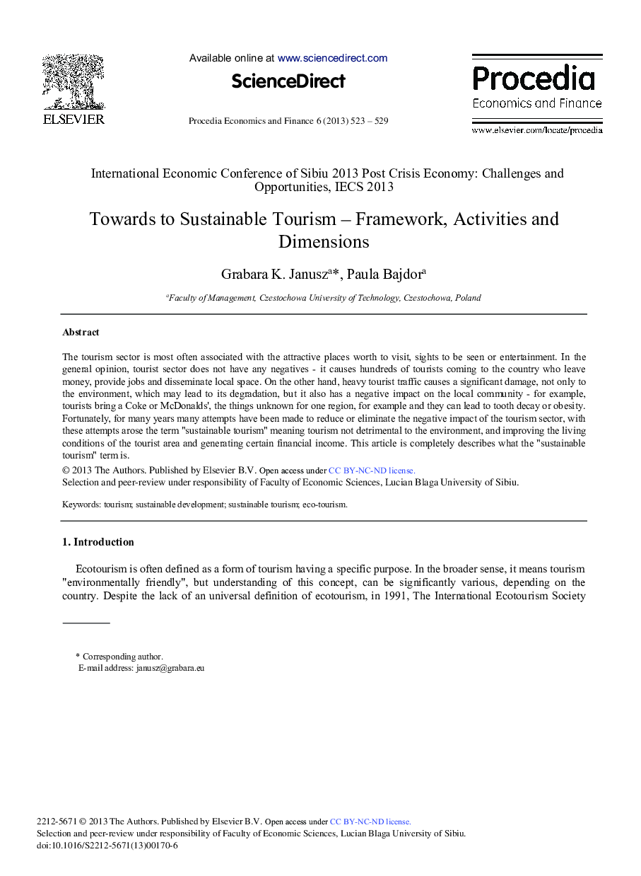 Towards to Sustainable Tourism – Framework, Activities and Dimensions 