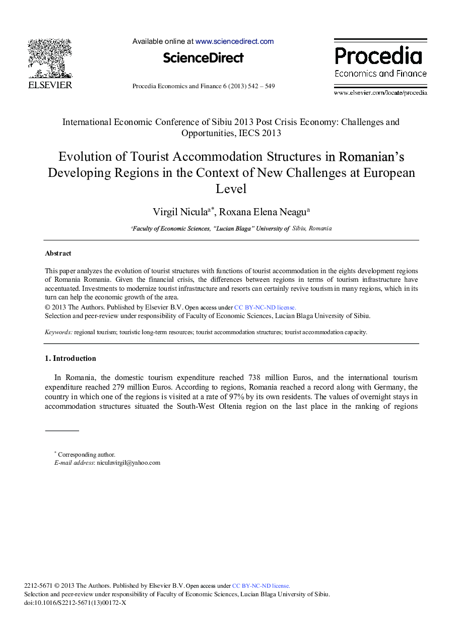 Evolution of Tourist Accommodation Structures in Romanian's Developing Regions in the Context of New Challenges at European Level 