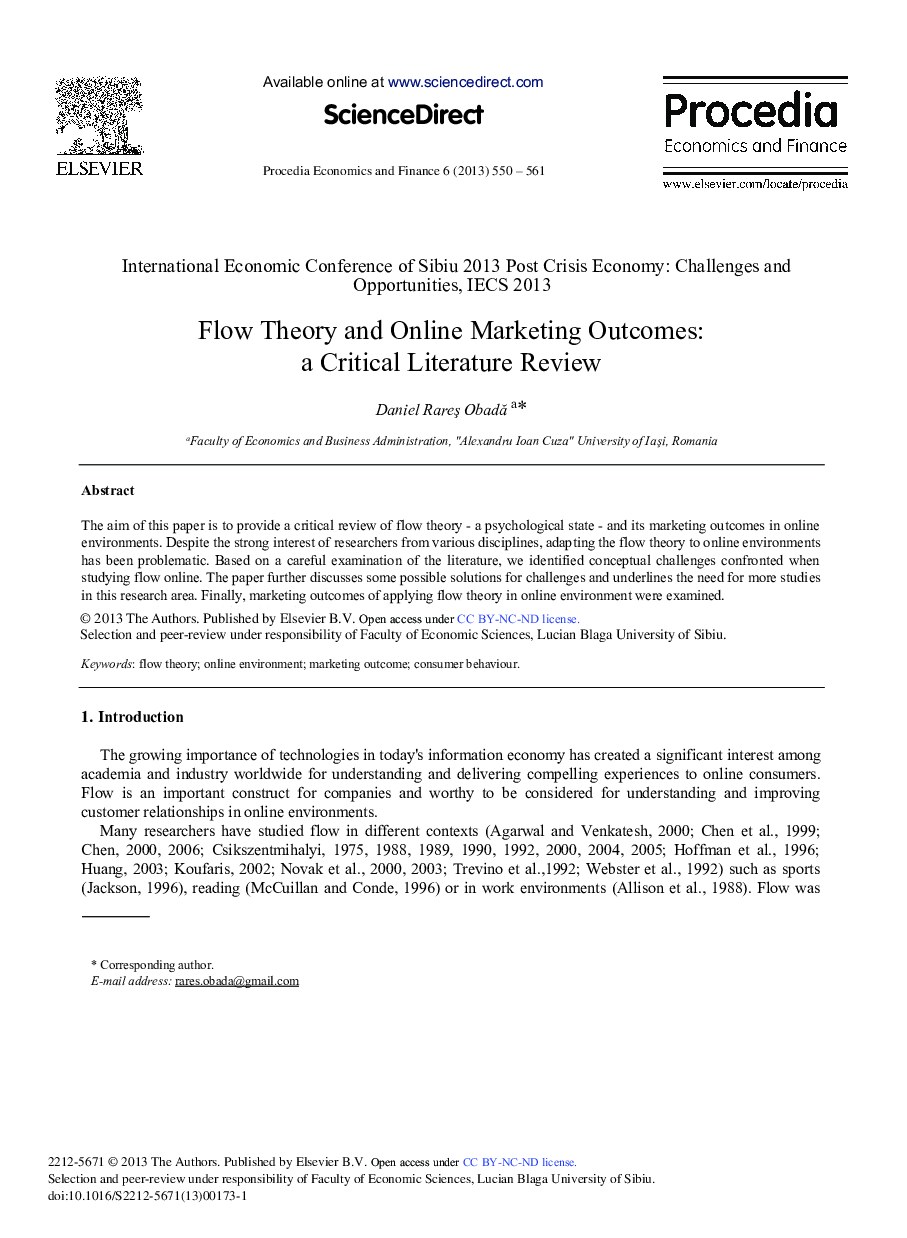 Flow Theory and Online Marketing Outcomes: A Critical Literature Review 