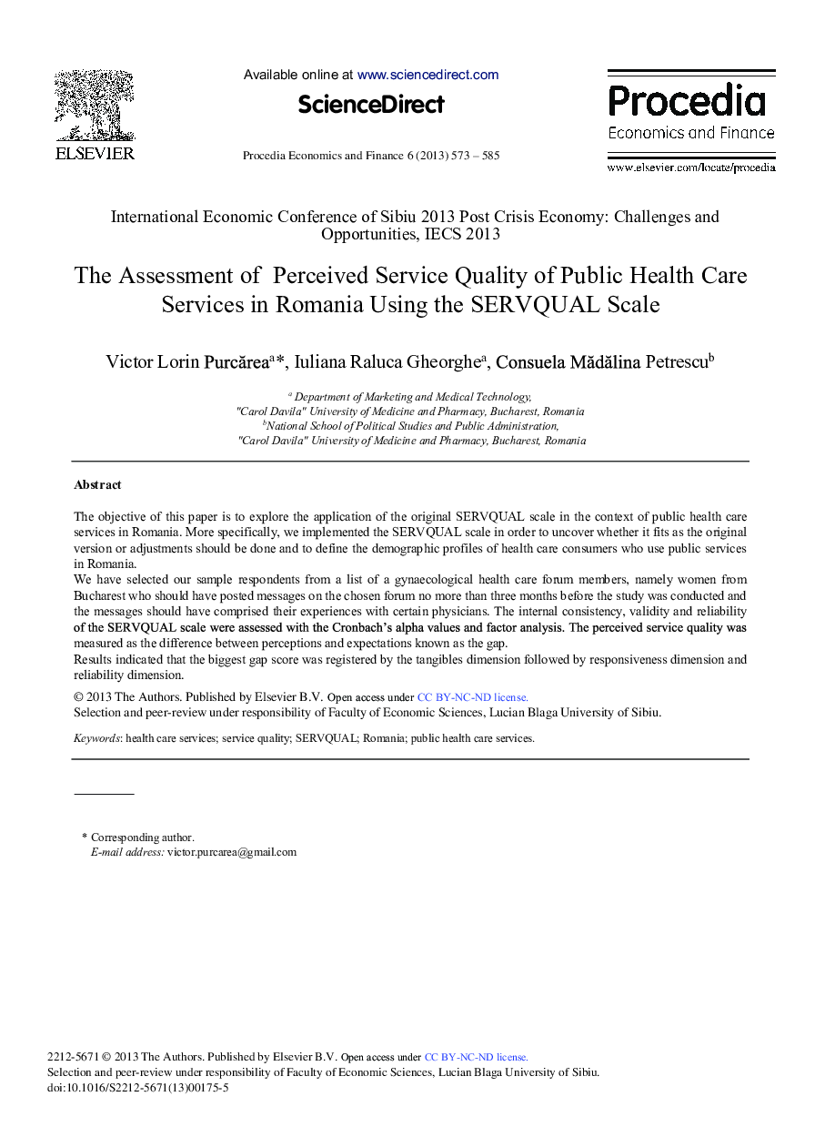 The Assessment of Perceived Service Quality of Public Health Care Services in Romania Using the SERVQUAL Scale 