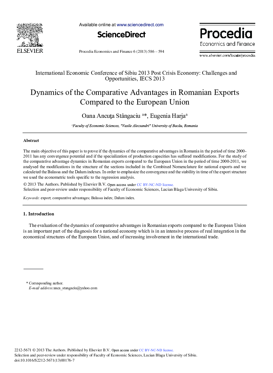 Dynamics of the Comparative Advantages in Romanian Exports Compared to the European Union 