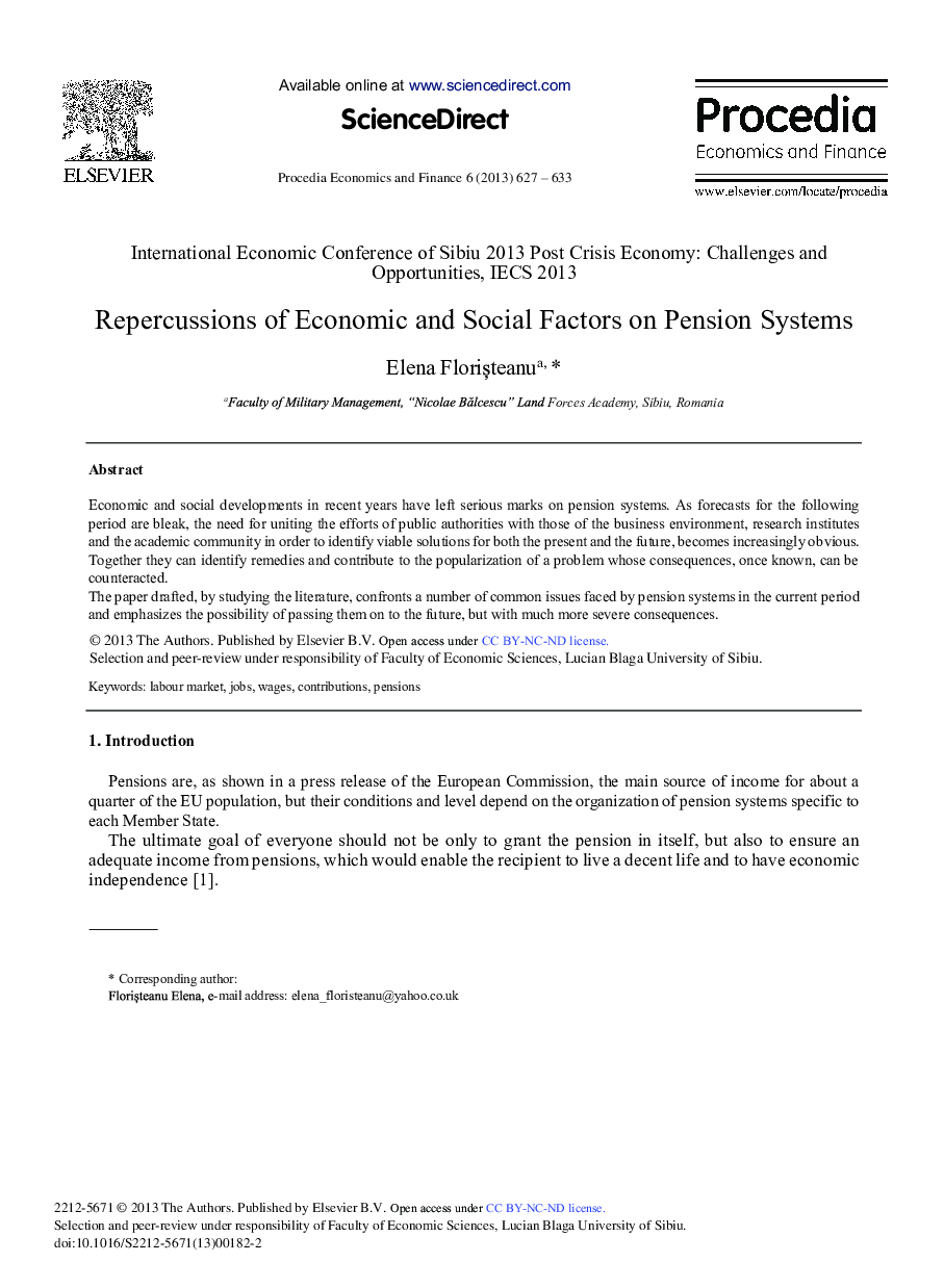 Repercussions of Economic and Social Factors on Pension Systems 