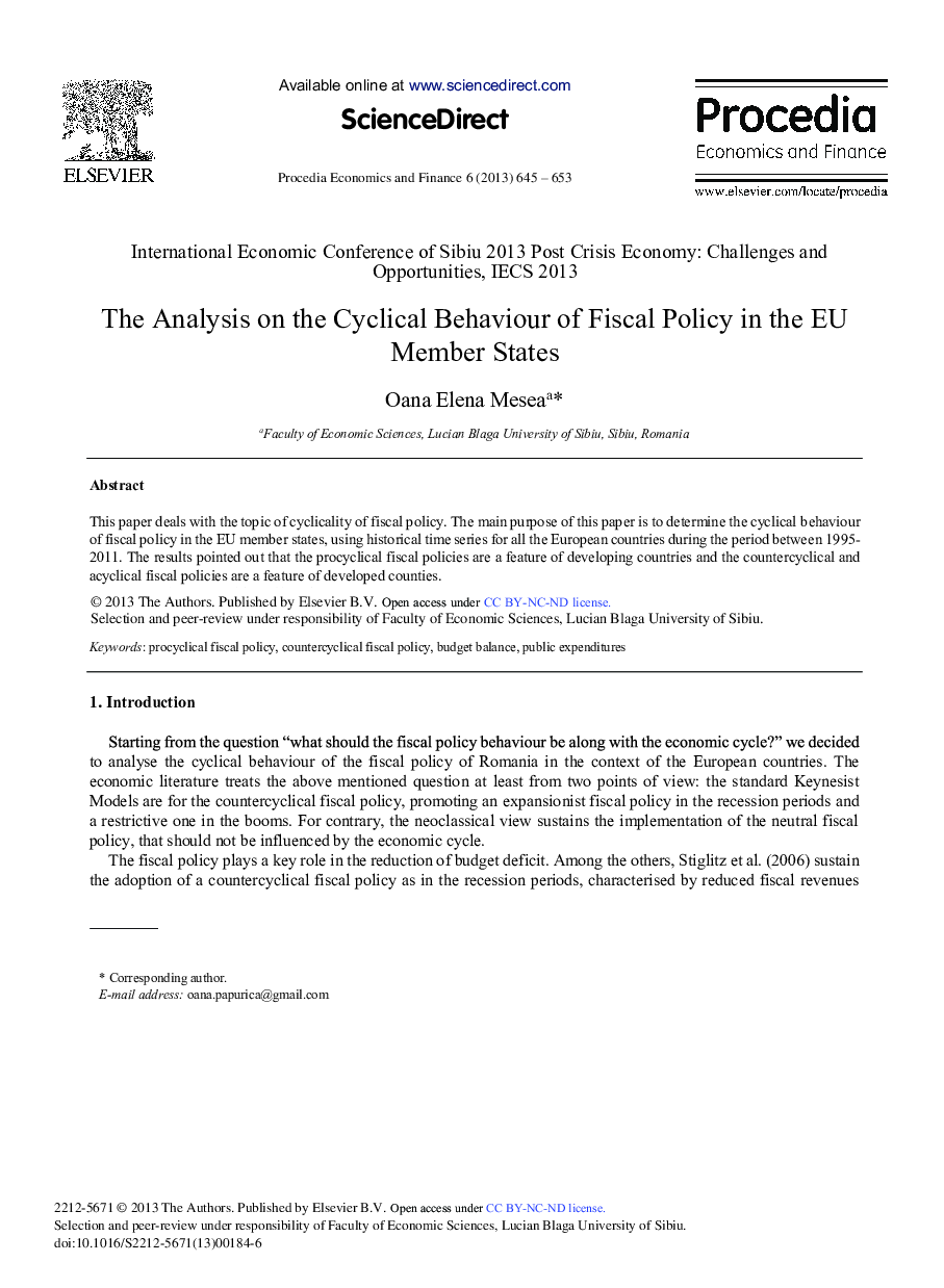 The Analysis on the Cyclical Behaviour of Fiscal Policy in the EU Member States 