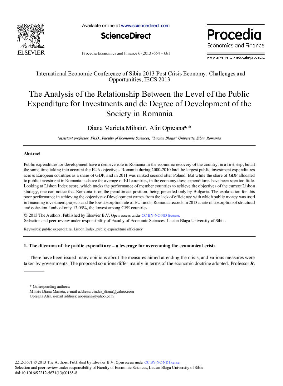 The Analysis of the Relationship between the Level of the Public Expenditure for Investments and de Degree of Development of the Society in Romania 