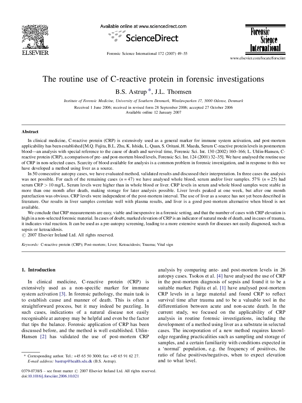 The routine use of C-reactive protein in forensic investigations