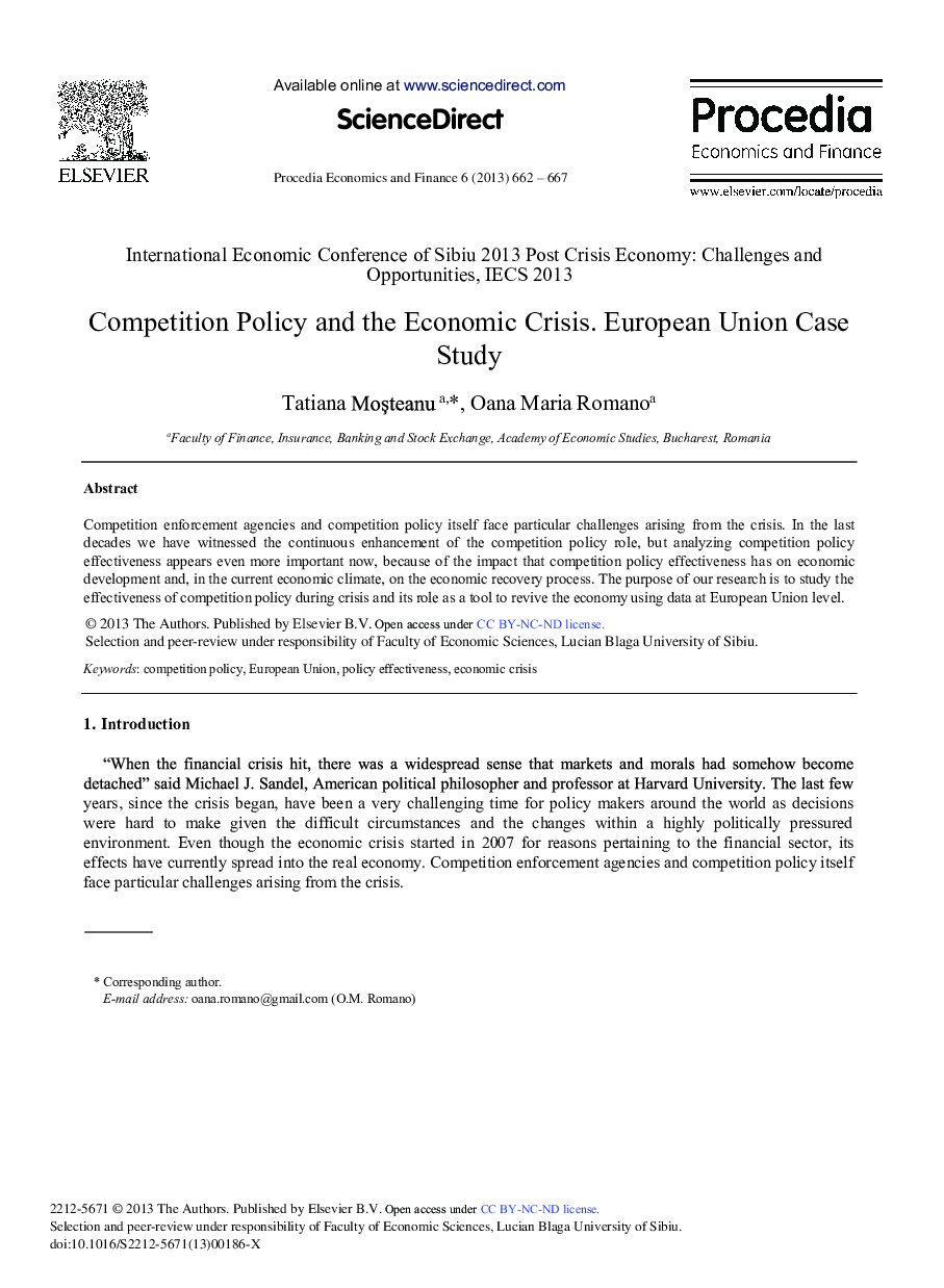Competition Policy and the Economic Crisis. European Union Case Study 