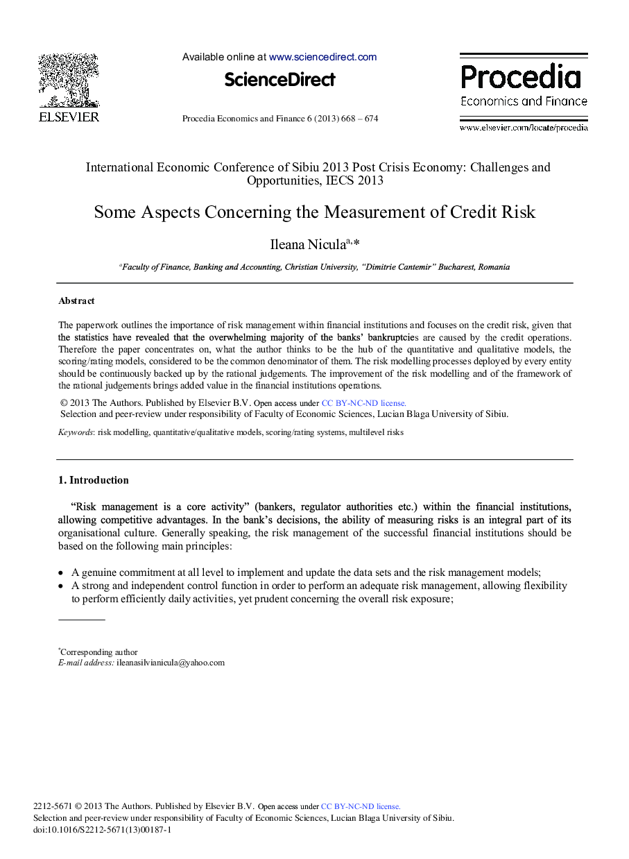 Some Aspects Concerning the Measurement of Credit Risk 