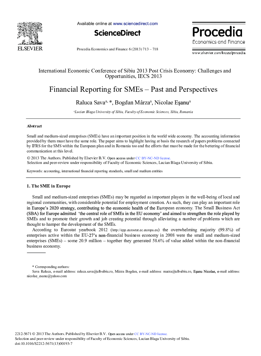 Financial Reporting for SMEs – Past and Perspectives 