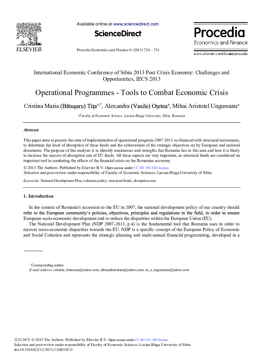 Operational Programmes - Tools to Combat Economic Crisis 