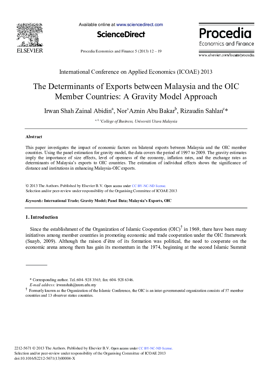 The Determinants of Exports between Malaysia and the OIC Member Countries: A Gravity Model Approach 