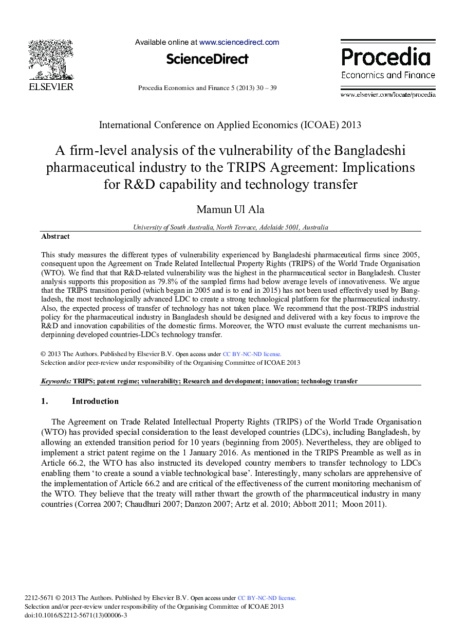 A Firm-level Analysis of the Vulnerability of the Bangladeshi Pharmaceutical Industry to the TRIPS Agreement: Implications for R&D Capability and Technology Transfer 