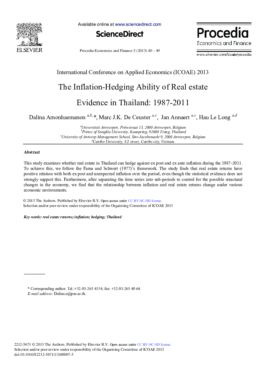 The Inflation-hedging Ability of Real Estate Evidence in Thailand: 1987-2011 