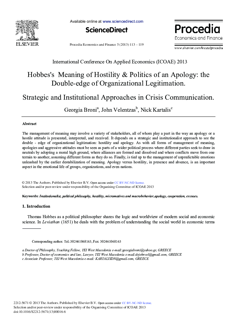 Hobbes's Meaning of Hostility & Politics of an Apology: The Double-edge of Organizational Legitimation. Strategic and Institutional Approaches in Crisis Communication 