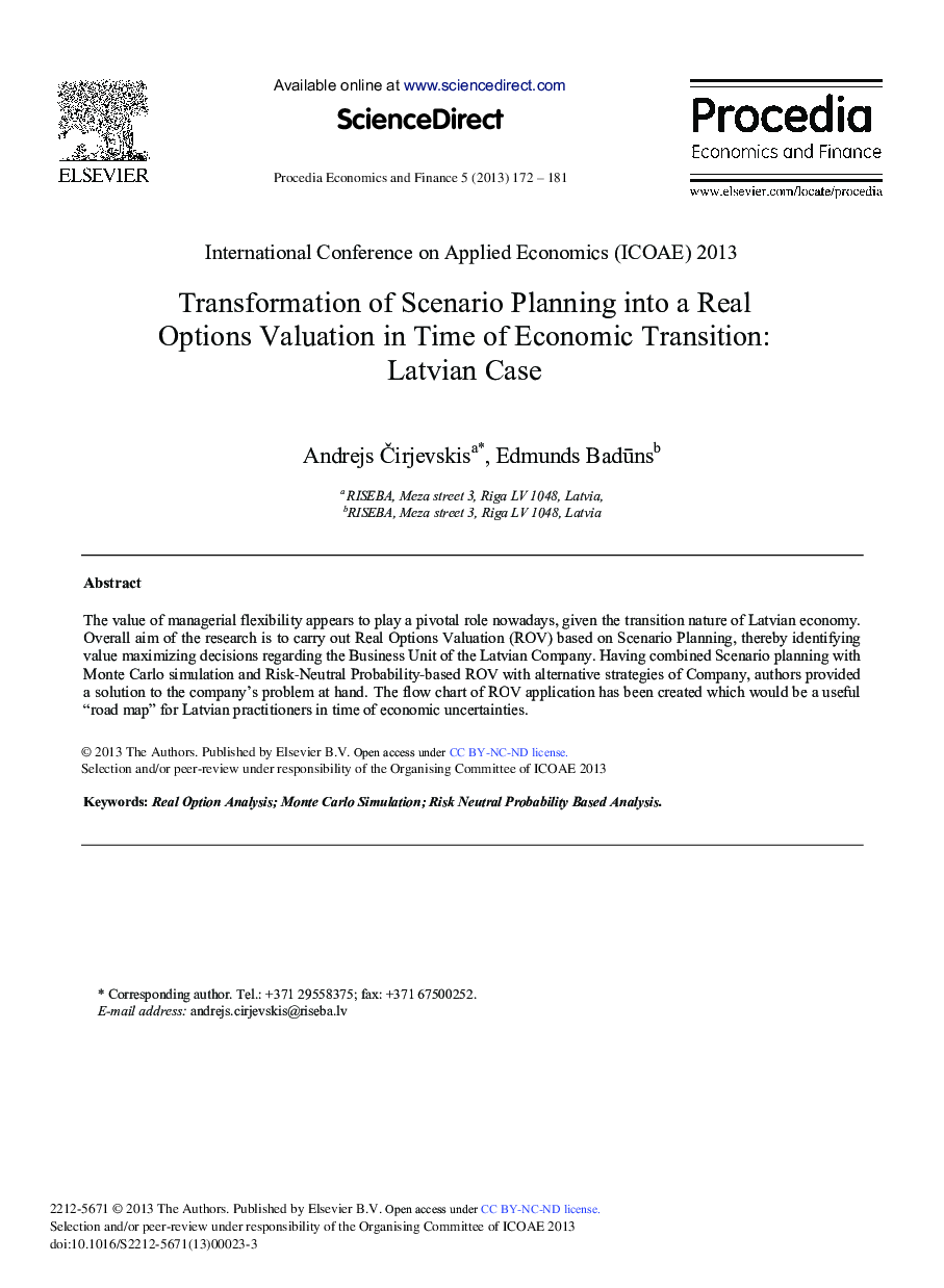 Transformation of Scenario Planning into a Real Options Valuation in Time of Economic Transition: Latvian Case 