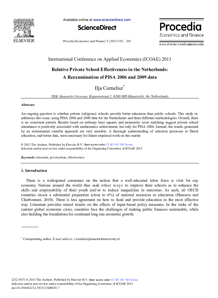 Relative Private School Effectiveness in the Netherlands: A Reexamination of PISA 2006 and 2009 data 