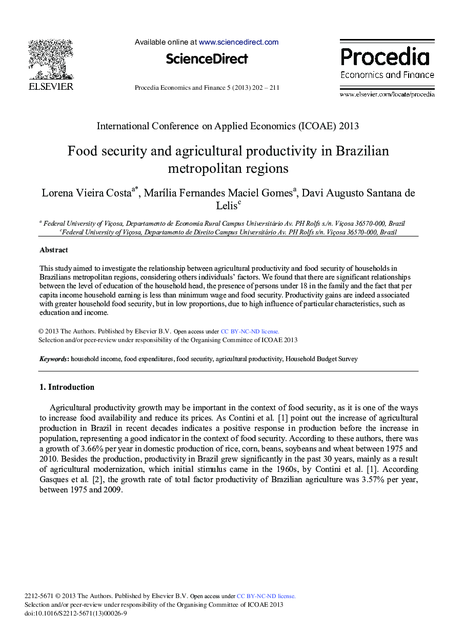 Food Security and Agricultural Productivity in Brazilian Metropolitan Regions 