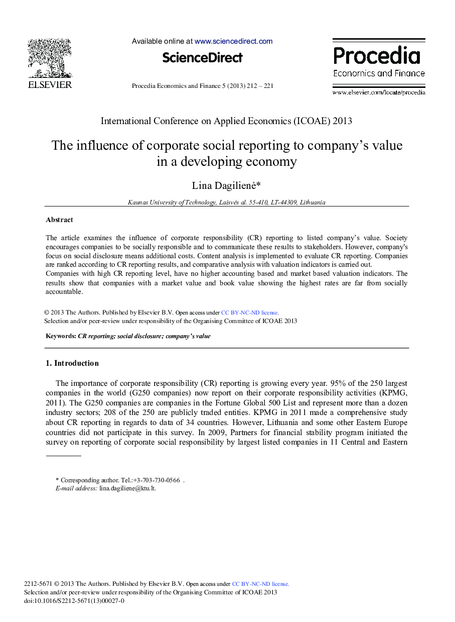 The Influence of Corporate Social Reporting to Company's Value in a Developing Economy 