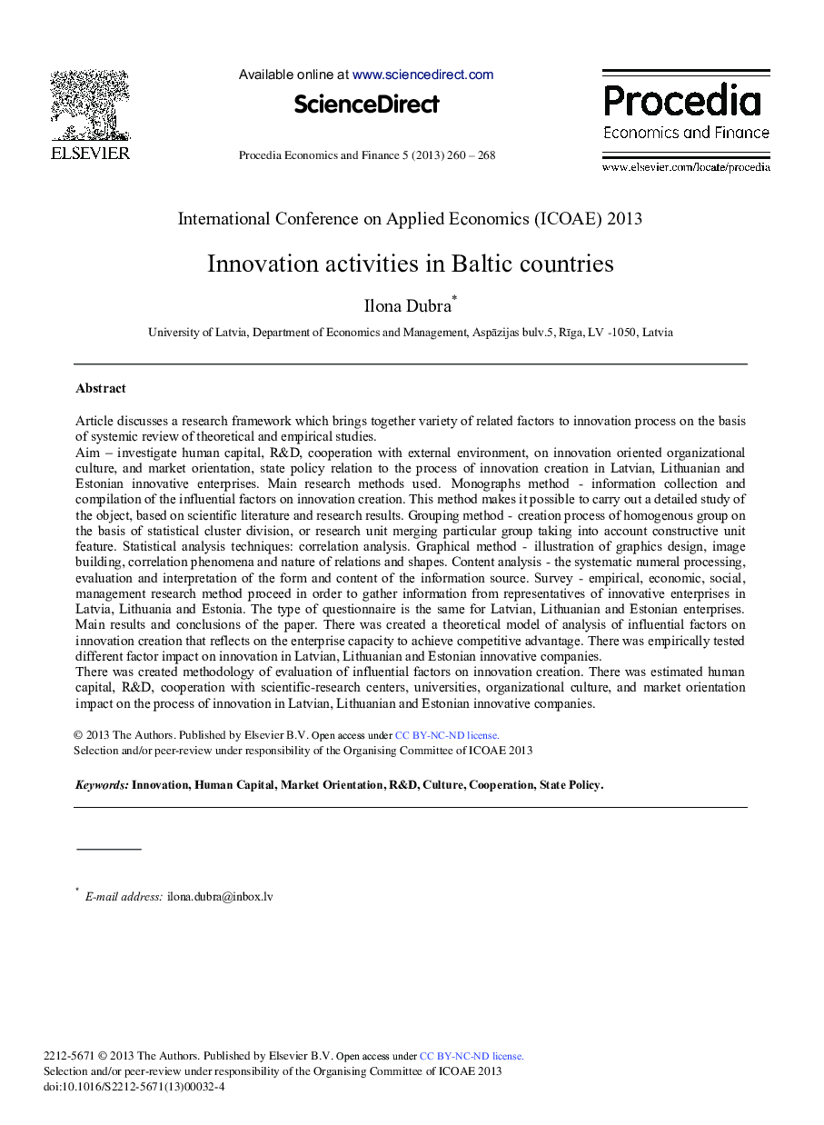 Innovation Activities in Baltic Countries 
