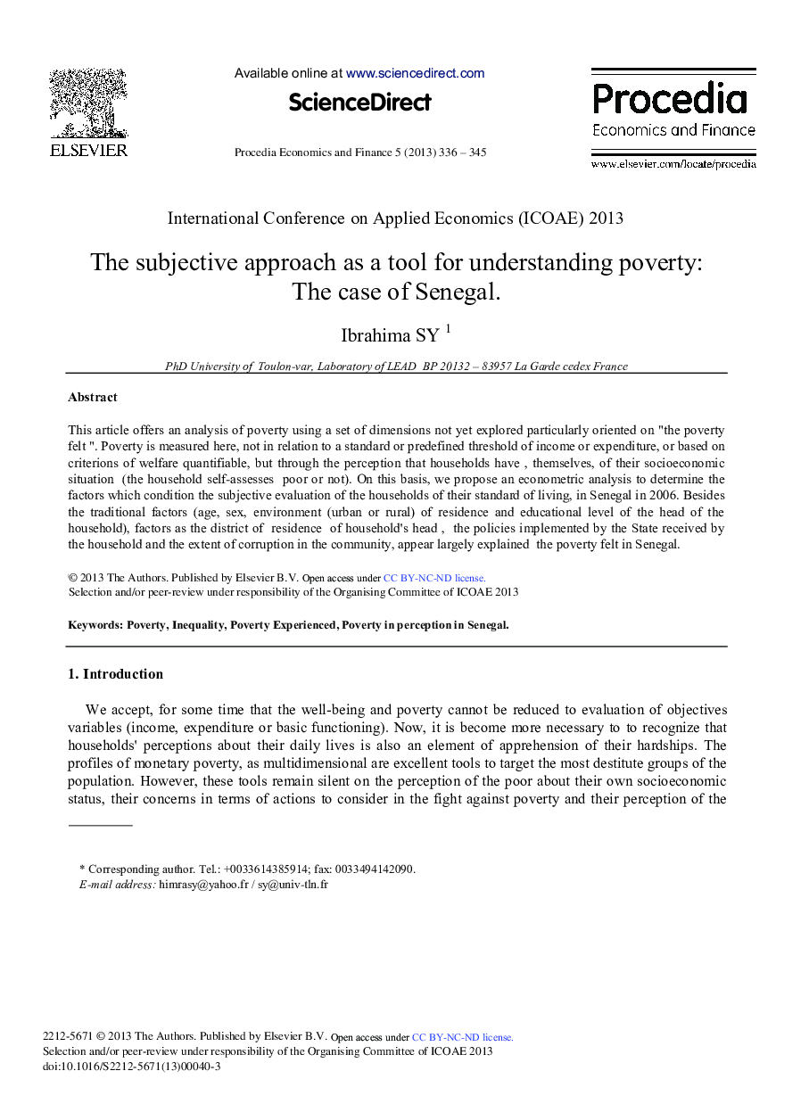 The Subjective Approach as a Tool for Understanding Poverty: The Case of Senegal 