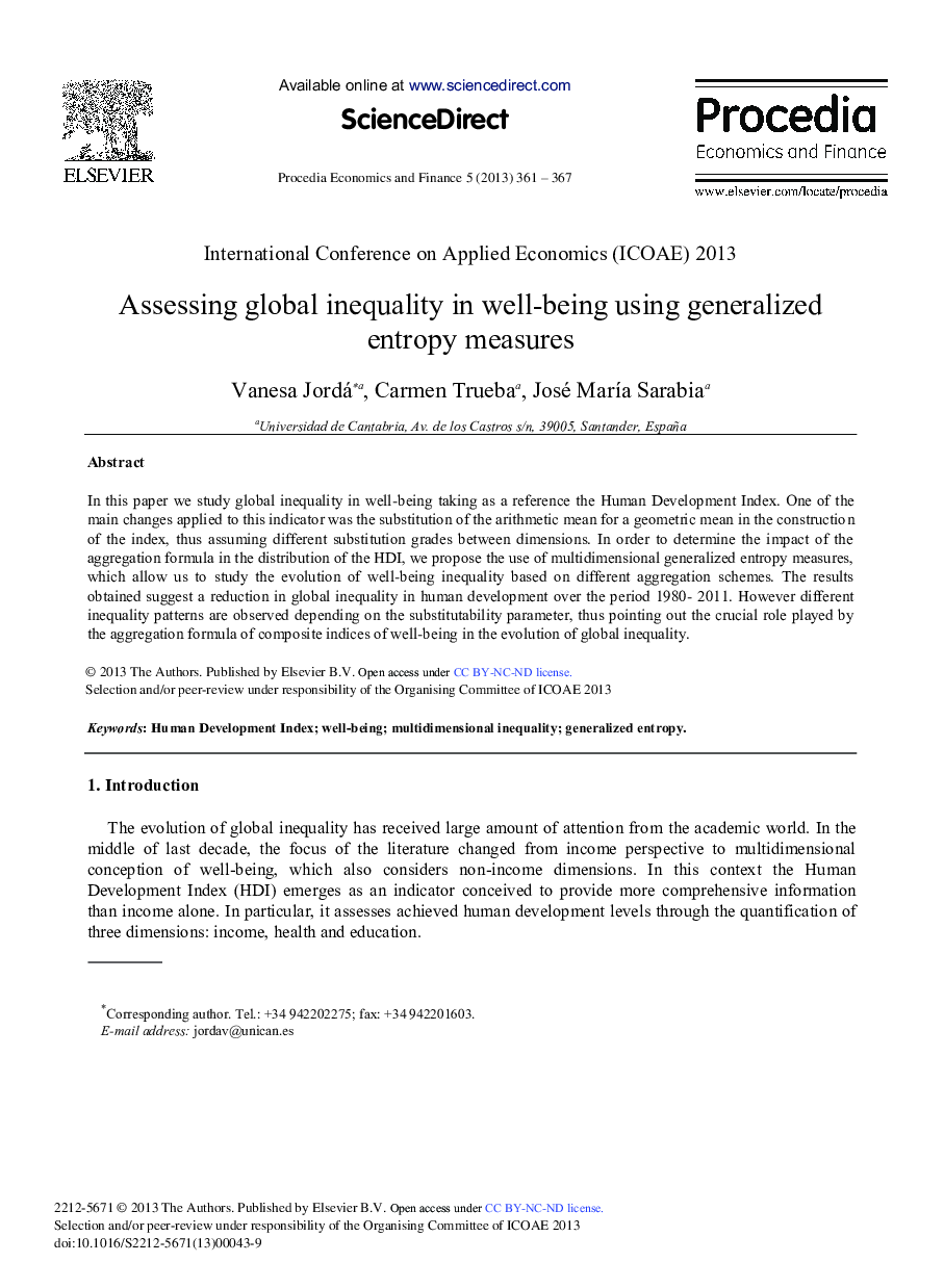 Assessing Global Inequality in Well-being Using Generalized Entropy Measures 