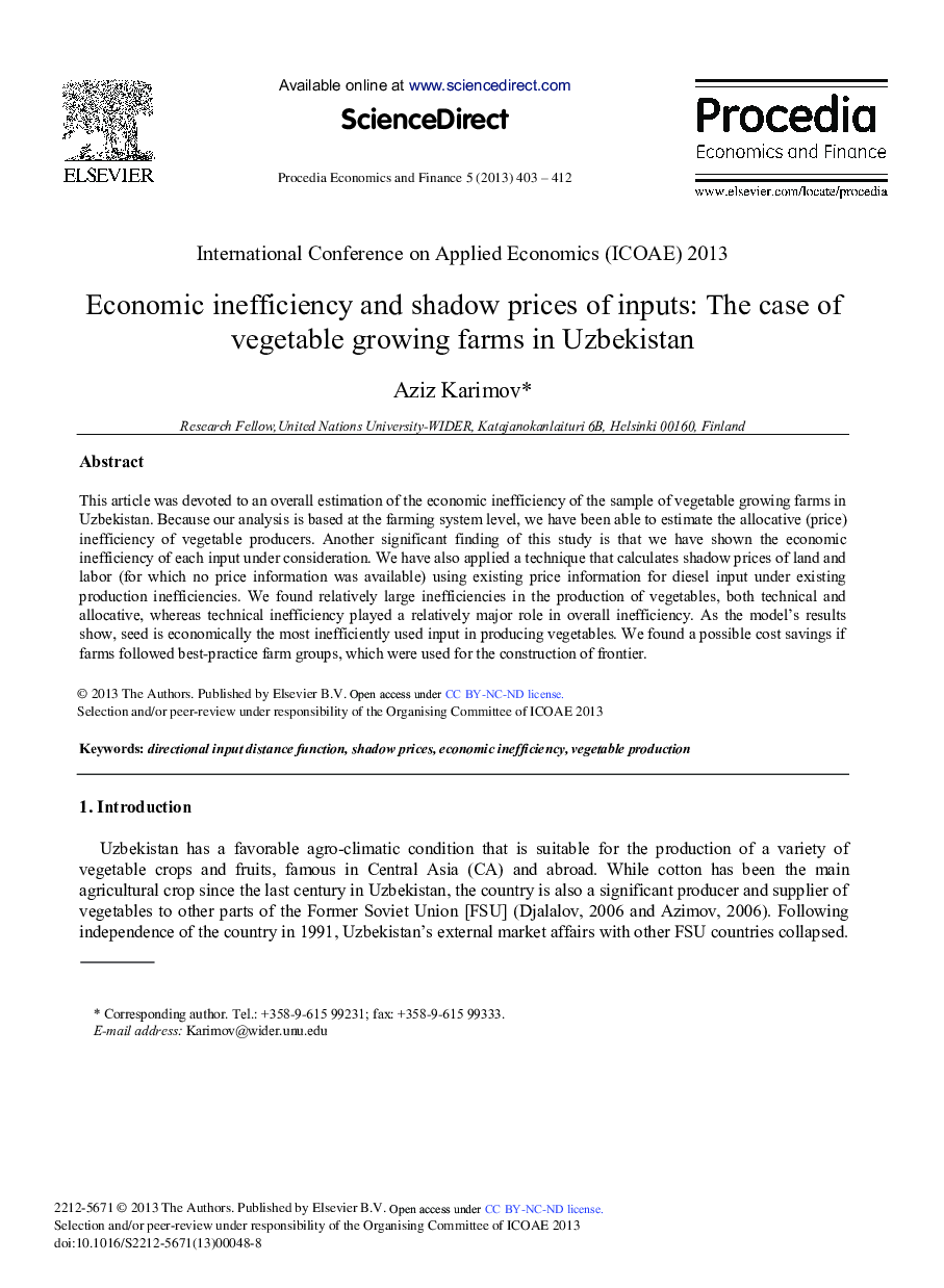 Economic Inefficiency and Shadow Prices of Inputs: The Case of Vegetable Growing Farms in Uzbekistan 