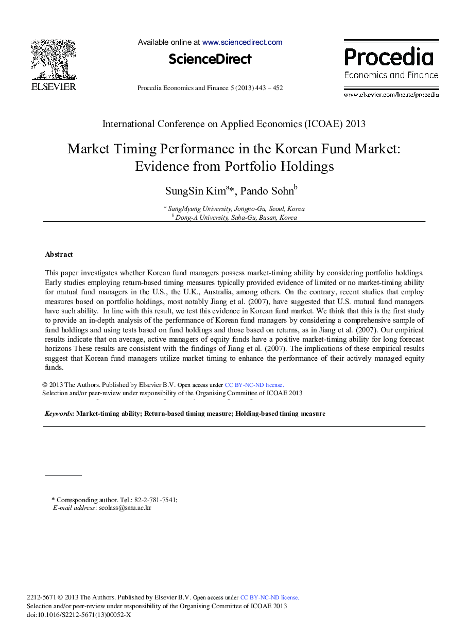 Market Timing Performance in the Korean Fund Market: Evidence from Portfolio Holdings ?