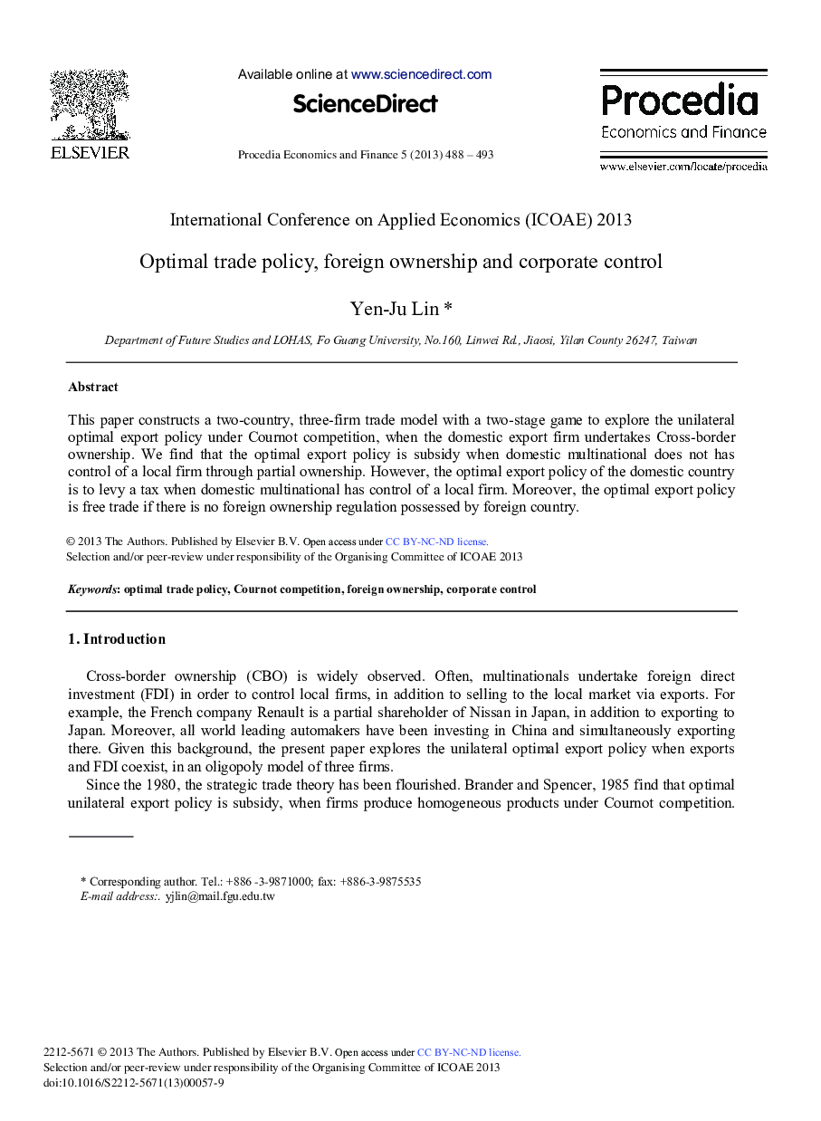 Optimal Trade Policy, Foreign Ownership and Corporate Control 