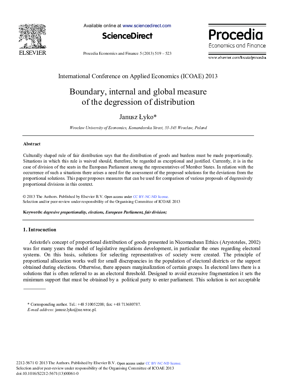 Boundary, Internal and Global Measure of the Degression of Distribution 