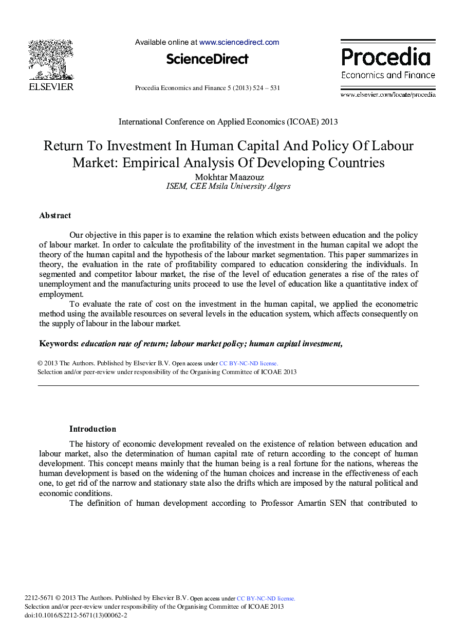 عکس صفحه اول مقاله: Return to Investment in Human Capital and Policy of Labour Market: Empirical Analysis Of Developing Countries Return to Investment in Human Capital and Policy of Labour Market: Empirical Analysis Of Developing Countries