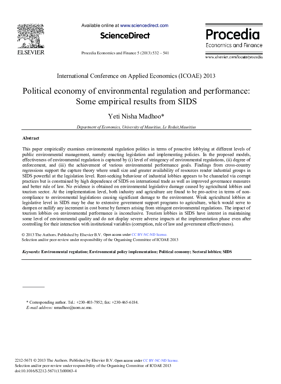 Political Economy of Environmental Regulation and Performance: Some Empirical Results from SIDS 