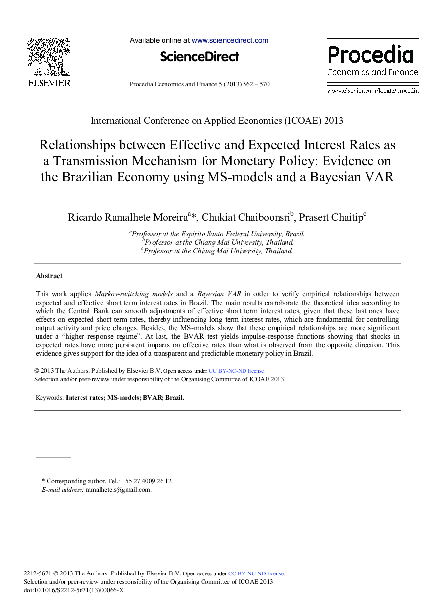 Relationships between Effective and Expected Interest Rates as a Transmission Mechanism for Monetary Policy: Evidence on the Brazilian Economy Using MS-models and a Bayesian VAR 