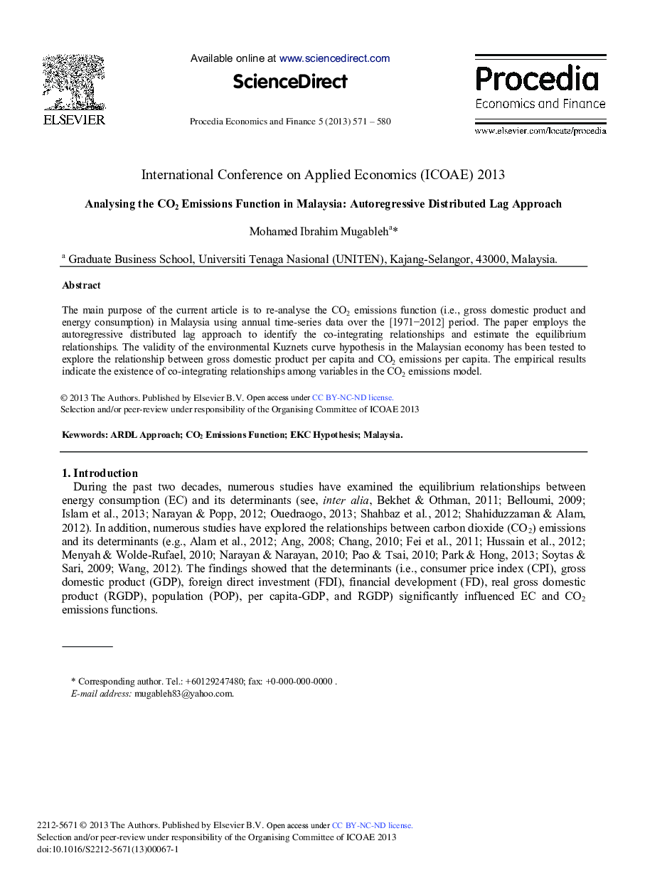 Analysing the CO2 Emissions Function in Malaysia: Autoregressive Distributed Lag Approach 