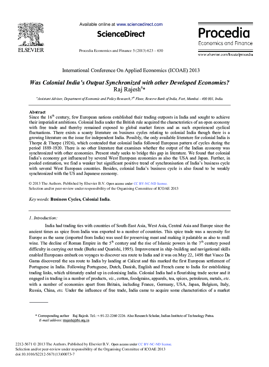 Was Colonial India's Output Synchronized with Other Developed Economies? 
