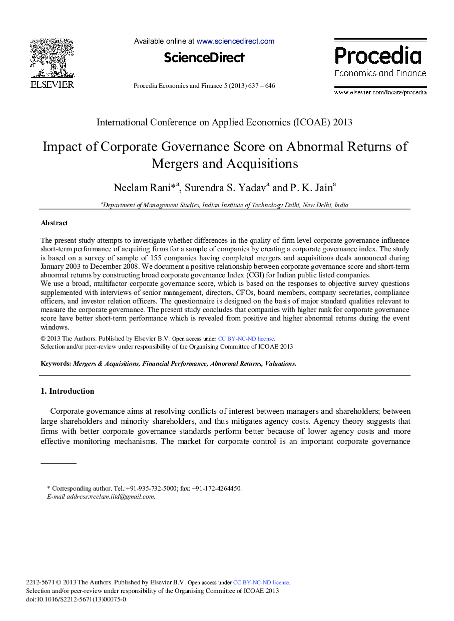 Impact of Corporate Governance Score on Abnormal Returns of Mergers and Acquisitions 