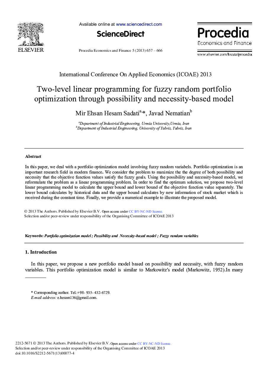 Two-level Linear Programming for Fuzzy Random Portfolio Optimization through Possibility and Necessity-based Model 