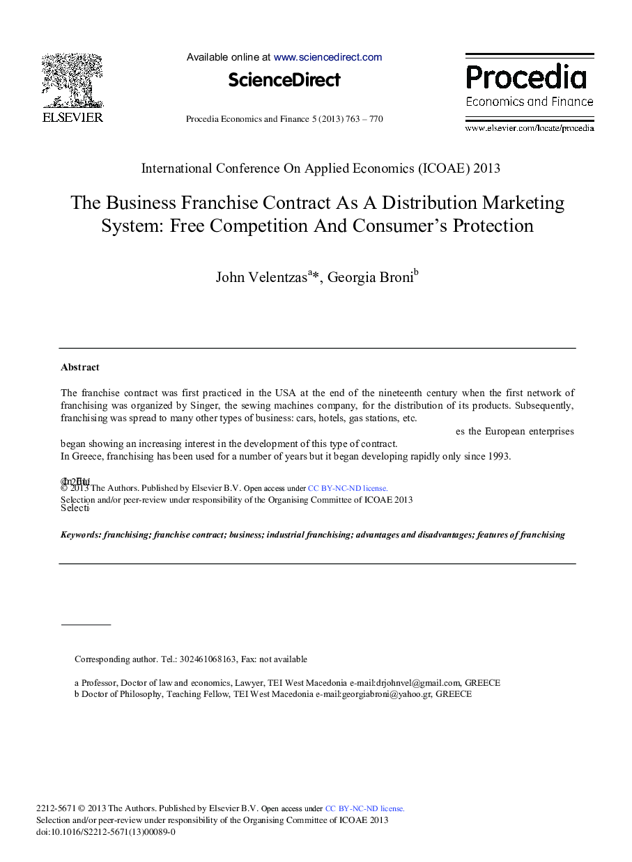 The Business Franchise Contract as a Distribution Marketing System: Free Competition and Consumer's Protection 