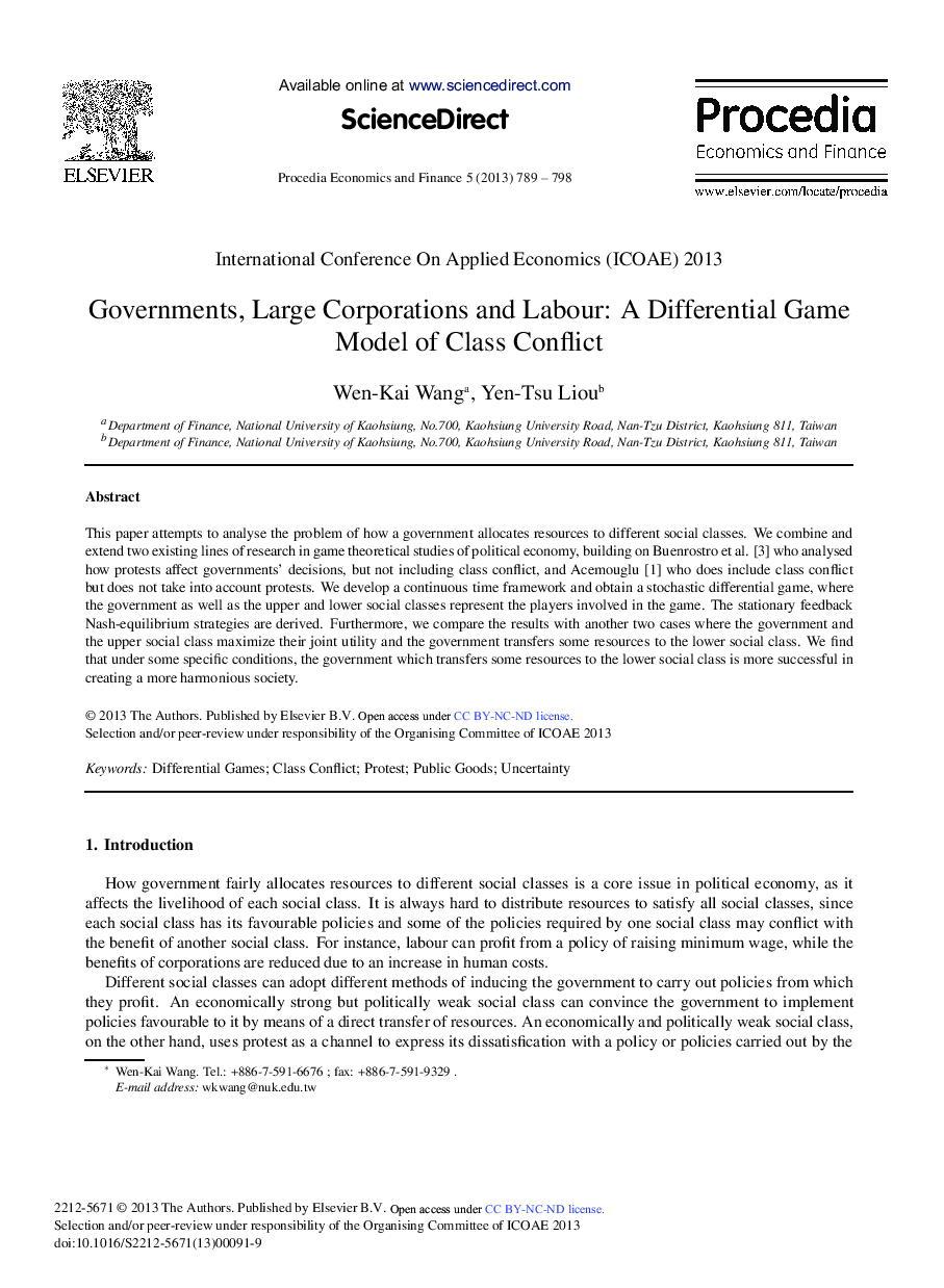 Governments, Large Corporations and Labour: A Differential Game Model of Class Conflict 