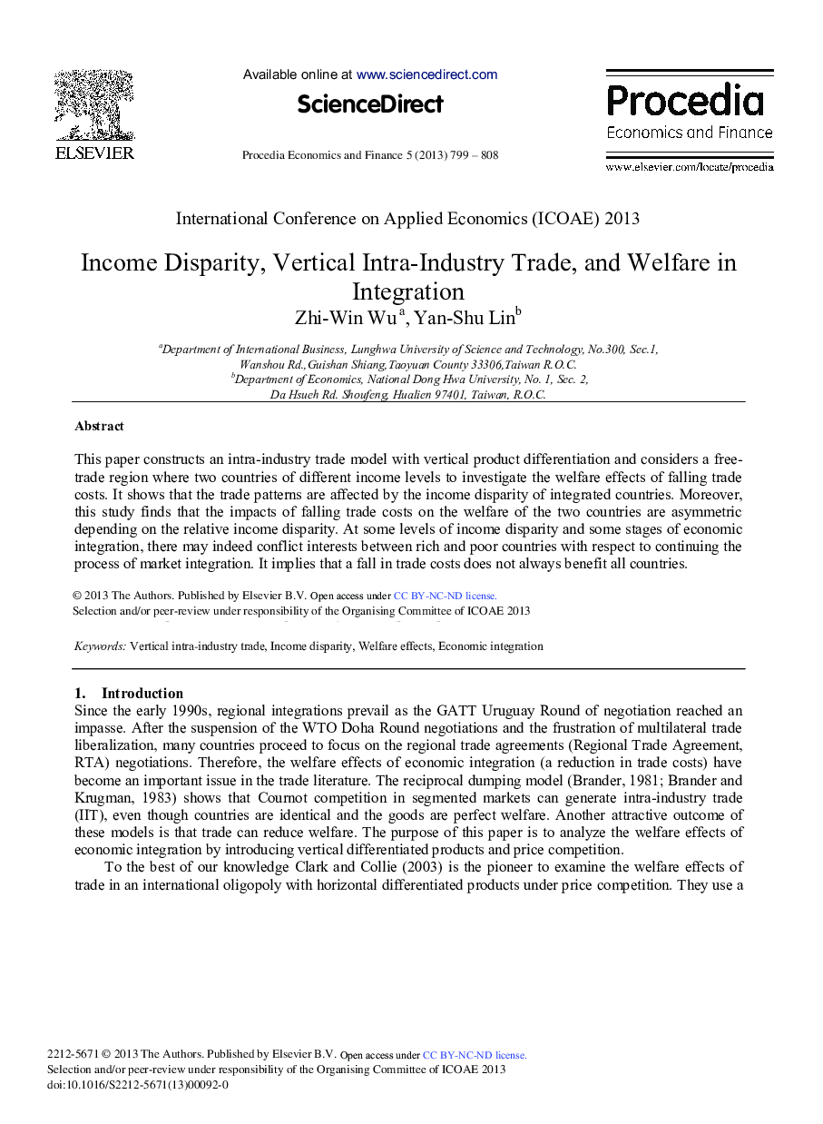 Income Disparity, Vertical Intra-industry Trade, and Welfare in Integration 