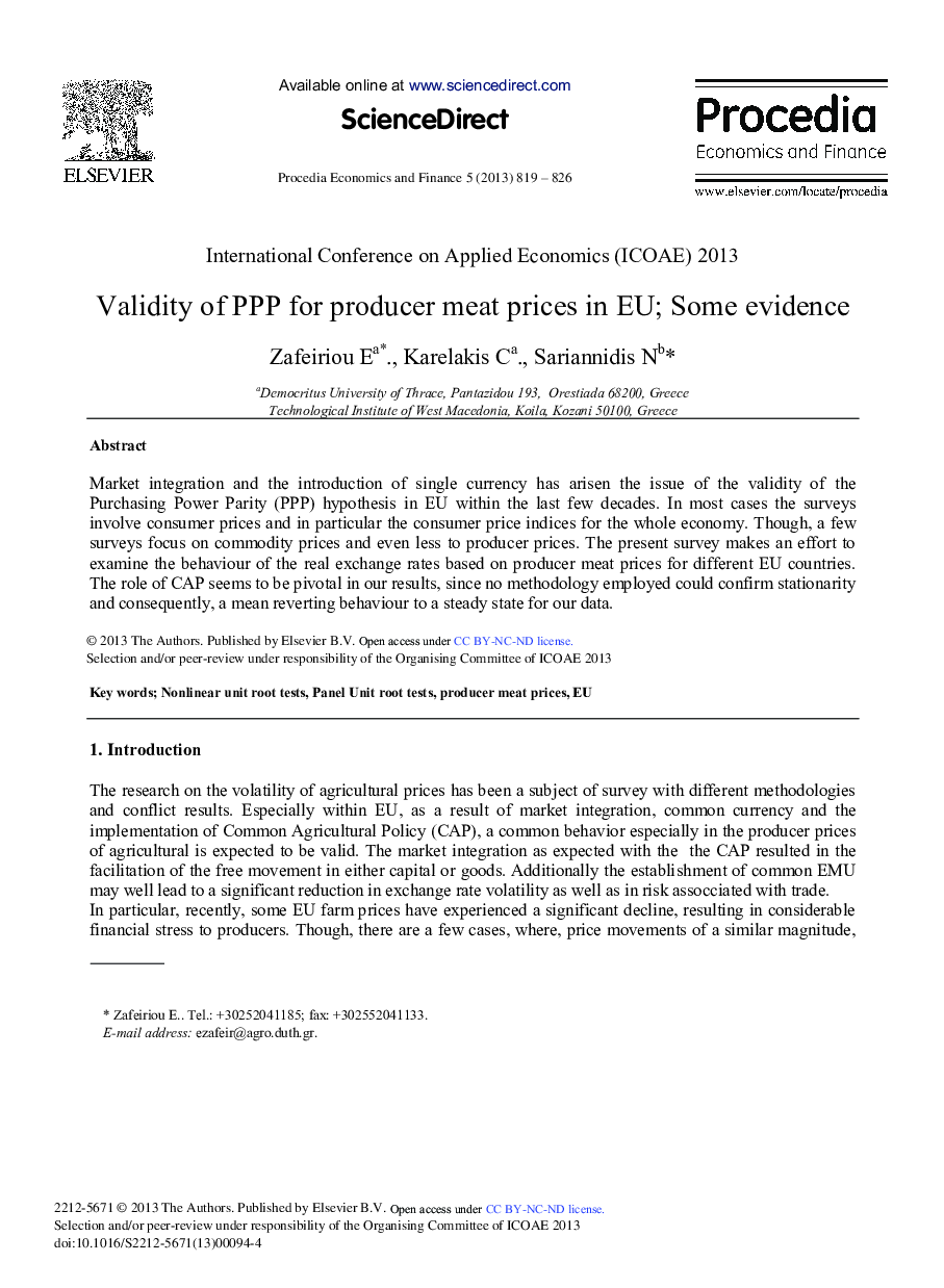 Validity of PPP for Producer Meat Prices in EU; Some Evidence