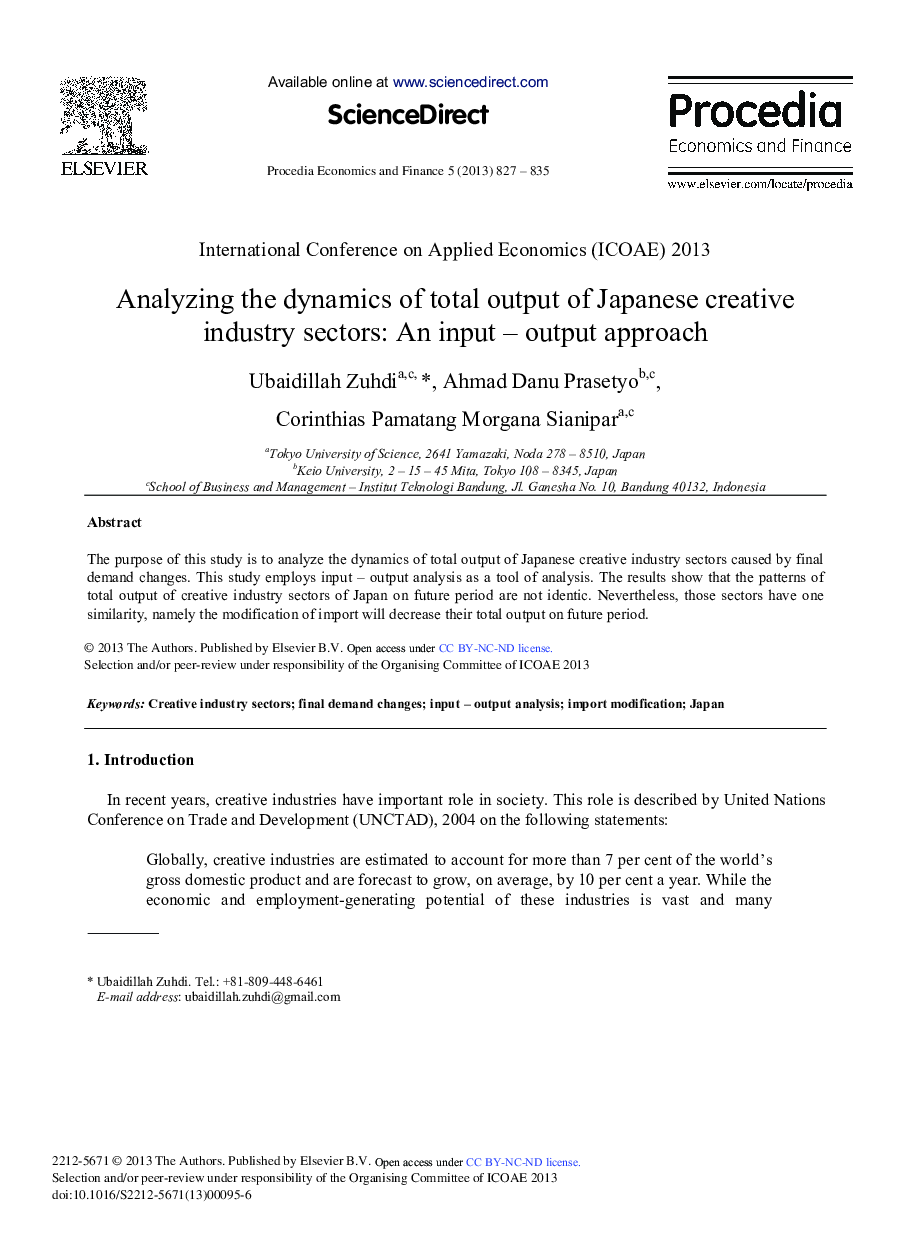 Analyzing the Dynamics of Total Output of Japanese Creative Industry Sectors: An Input – output Approach 