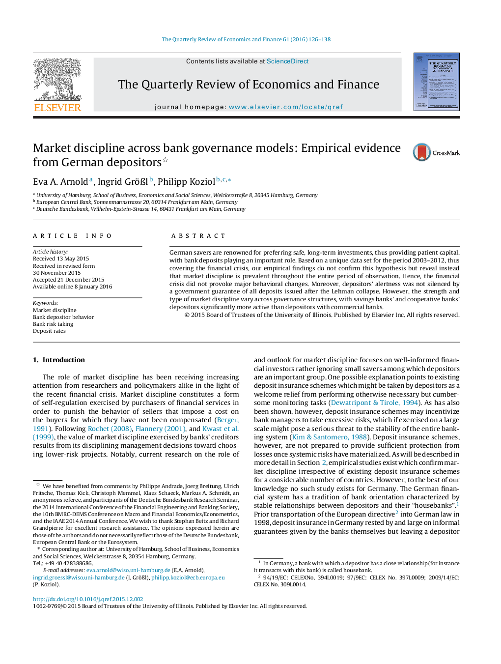 Market discipline across bank governance models: Empirical evidence from German depositors 