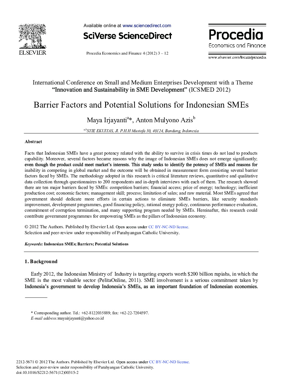 Barrier Factors and Potential Solutions for Indonesian SMEs 