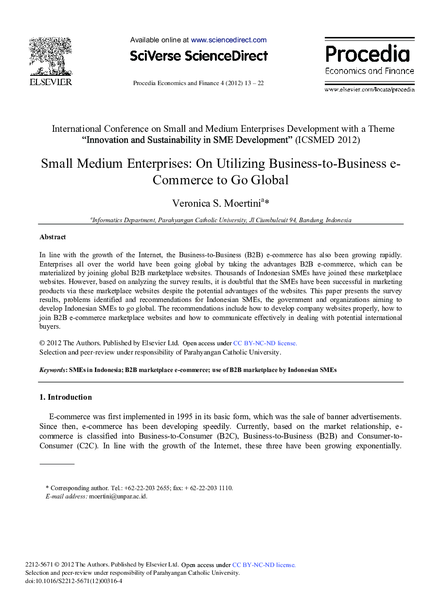 Small Medium Enterprises: On Utilizing Business-to-Business e-Commerce to Go Global 