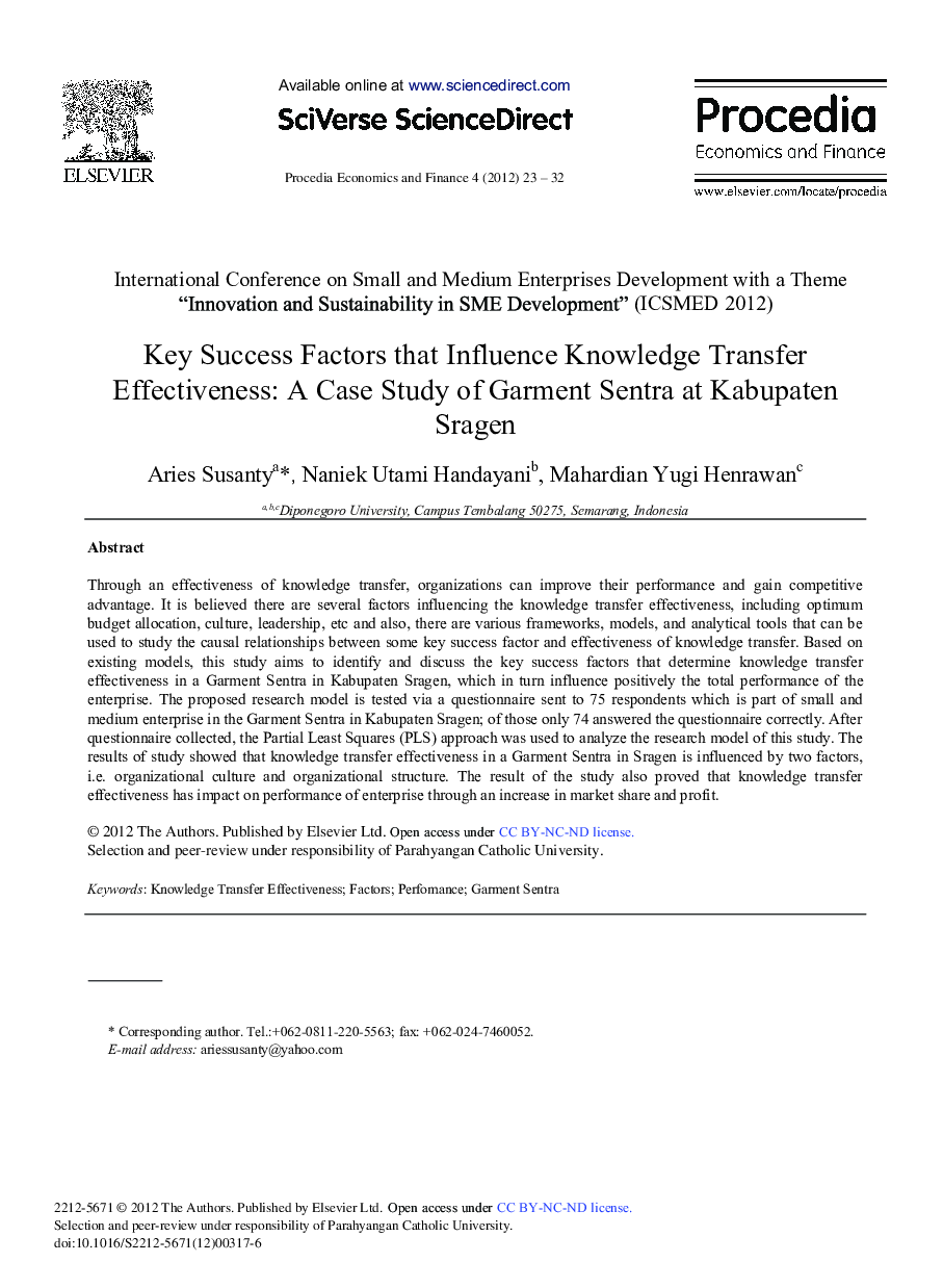 Key Success Factors that Influence Knowledge Transfer Effectiveness: A Case Study of Garment Sentra at Kabupaten Sragen 