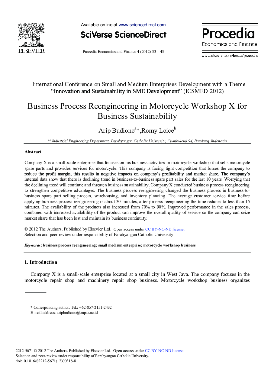 Business Process Reengineering in Motorcycle Workshop X for Business Sustainability 