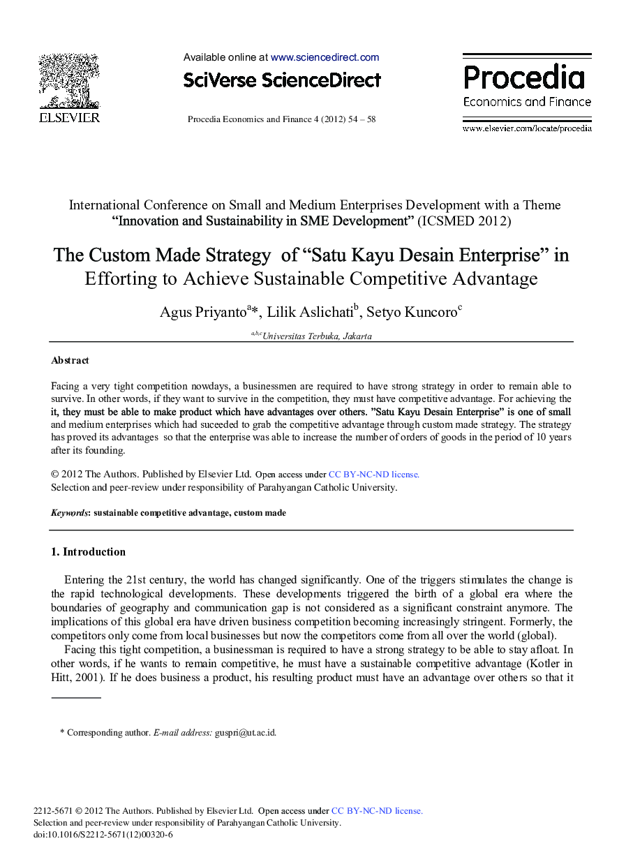 The Custom Made Strategy of “Satu Kayu Desain Enterprise” in Efforting to Achieve Sustainable Competitive Advantage 