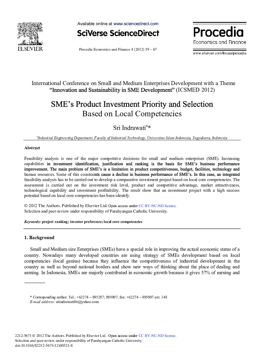 SME's Product Investment Priority and Selection Based on Local Competencies 