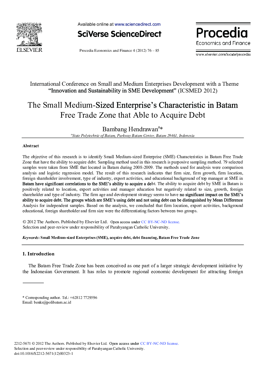 The Small Medium-Sized Enterprise's Characteristic in Batam Free Trade Zone that Able to Acquire Debt 